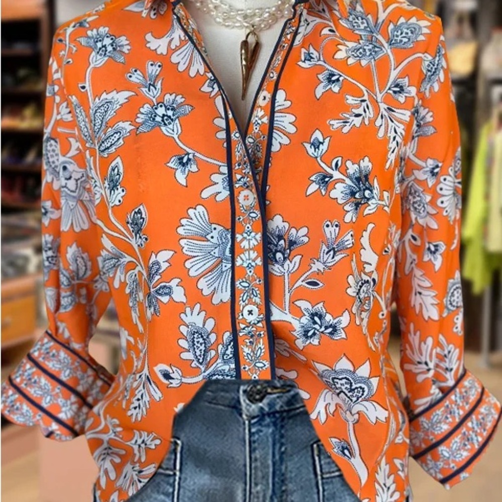 Vibrant Orange Floral Button Down Shirt